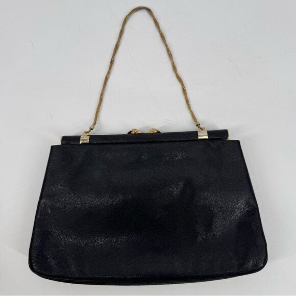 Vintage 50s-60s Rosenfeld Black‎ Leather Evening Clasp Bag - Picture 2 of 9